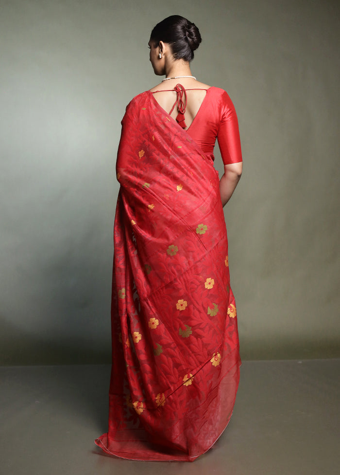 Red Cotton Saree With Blouse Piece