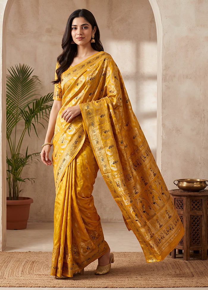 Yellow Handloom Baluchari Pure Silk Saree With Blouse Piece