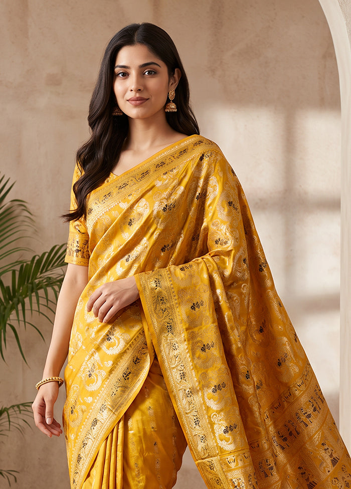 Yellow Handloom Baluchari Pure Silk Saree With Blouse Piece
