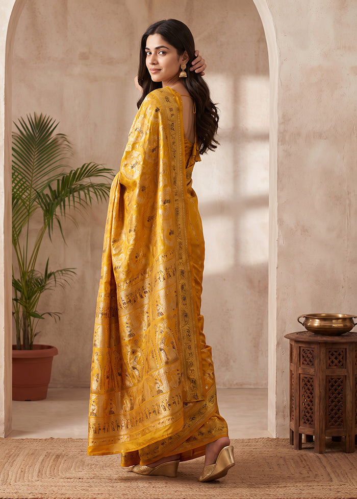 Yellow Handloom Baluchari Pure Silk Saree With Blouse Piece