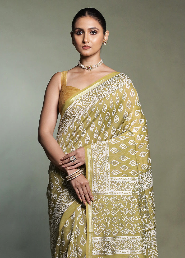 Cream Chanderi Cotton Saree With Blouse Piece