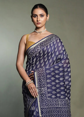 Blue Chanderi Cotton Saree With Blouse Piece