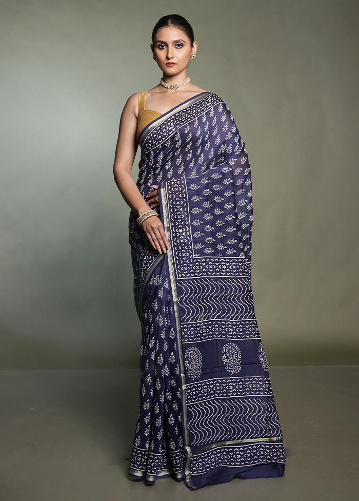 Blue Chanderi Cotton Saree With Blouse Piece