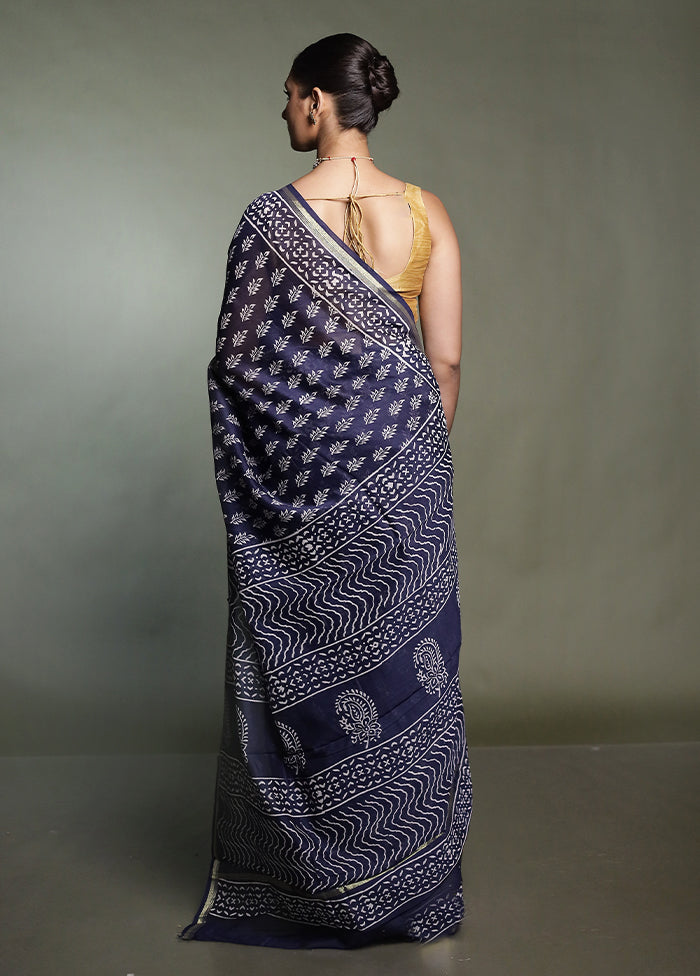 Blue Chanderi Cotton Saree With Blouse Piece