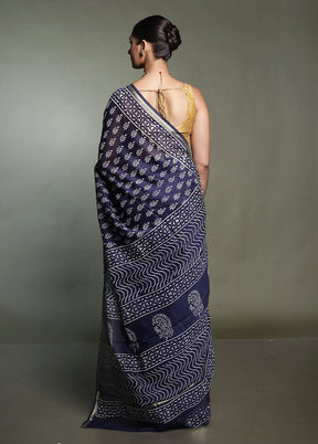 Blue Chanderi Cotton Saree With Blouse Piece