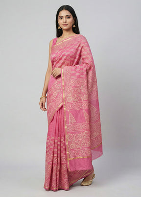 Pink Chanderi Silk Saree With Blouse Piece