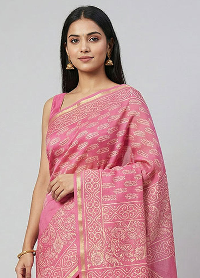 Pink Chanderi Silk Saree With Blouse Piece