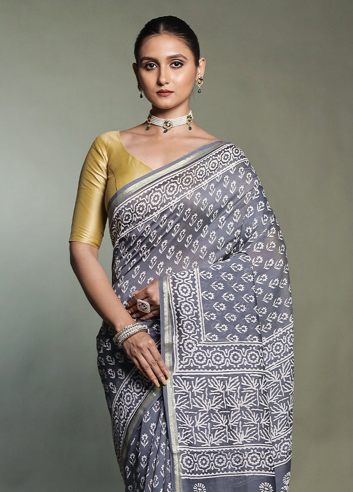 Grey Chanderi Cotton Saree With Blouse Piece