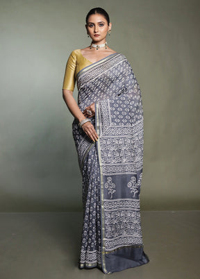 Grey Chanderi Cotton Saree With Blouse Piece