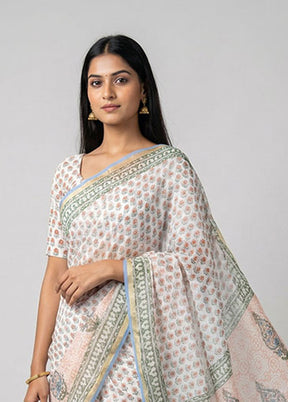 White Chanderi Silk Saree With Blouse Piece