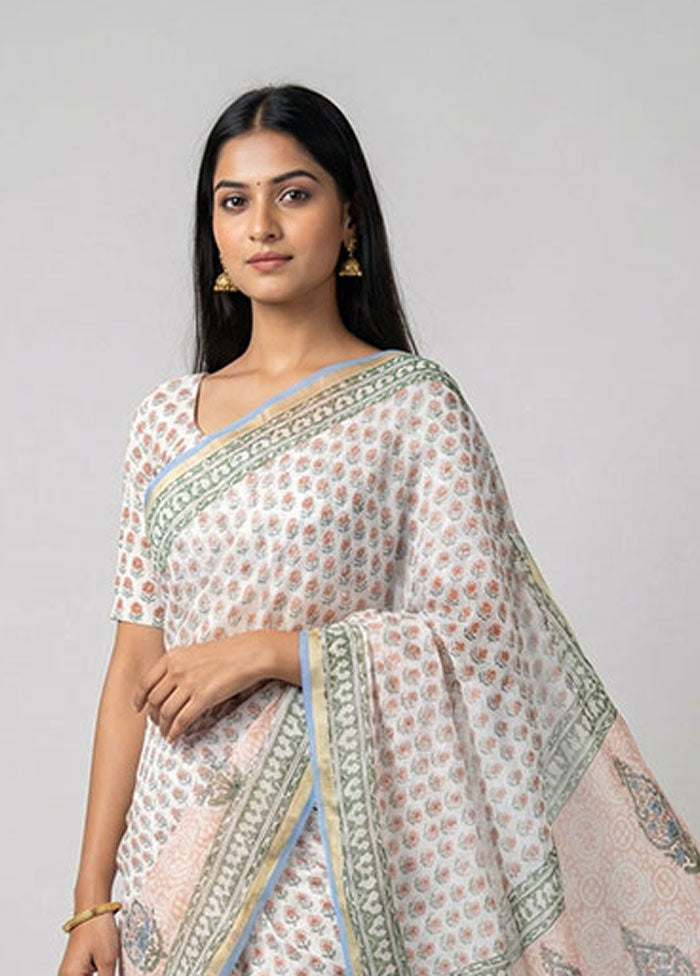 White Chanderi Silk Saree With Blouse Piece