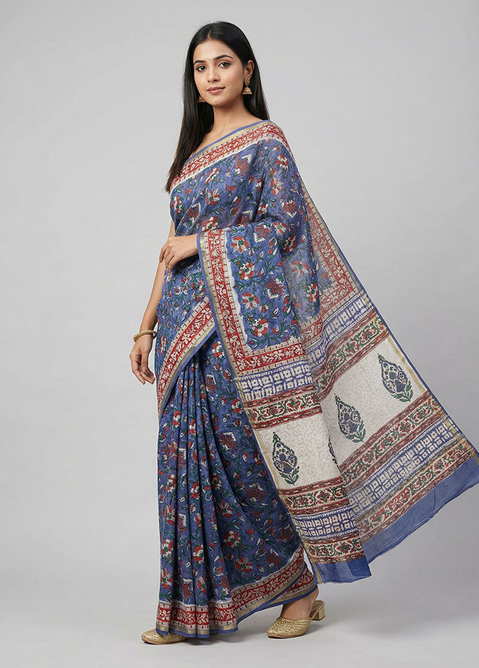 Blue Chanderi Silk Saree With Blouse Piece