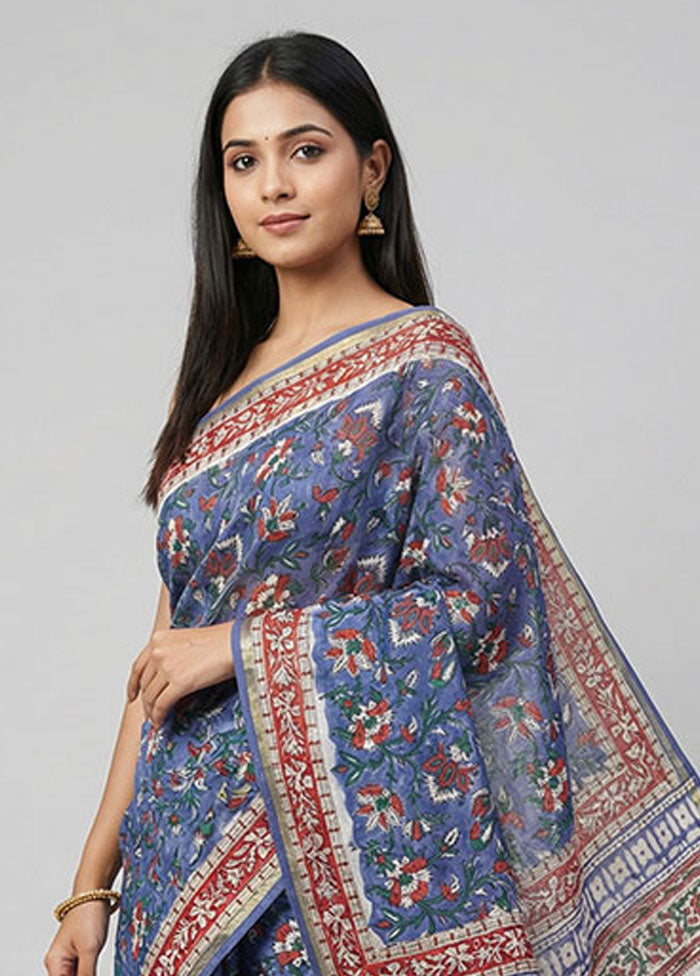 Blue Chanderi Silk Saree With Blouse Piece