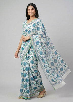 White Chanderi Silk Saree With Blouse Piece