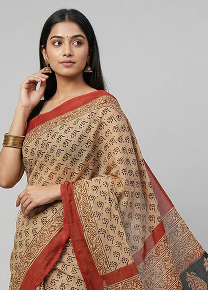 Cream Chanderi Silk Saree With Blouse Piece