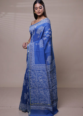 Blue Chanderi Cotton Saree With Blouse Piece