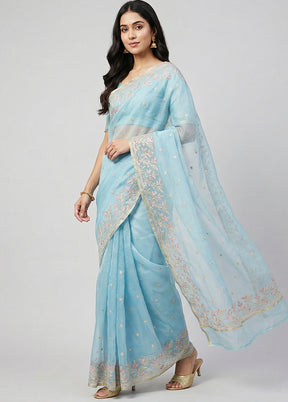 Blue Organza Saree With Blouse Piece