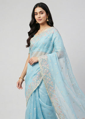Blue Organza Saree With Blouse Piece