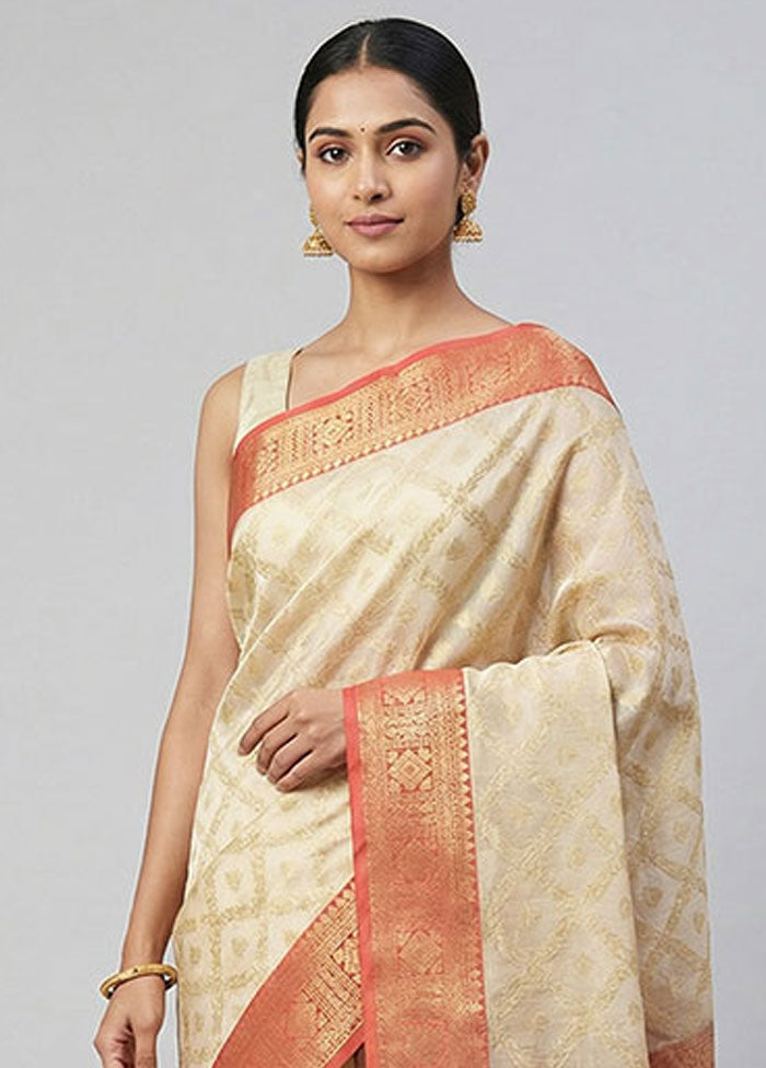 Cream Organza Saree With Blouse Piece