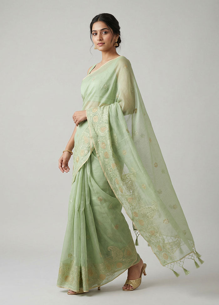 Green Cotton Saree With Blouse Piece