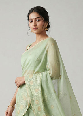 Green Cotton Saree With Blouse Piece