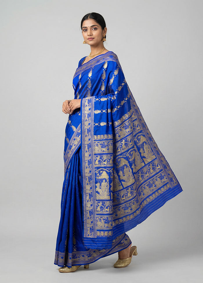 Blue Handloom Baluchari Pure Silk Saree With Blouse Piece