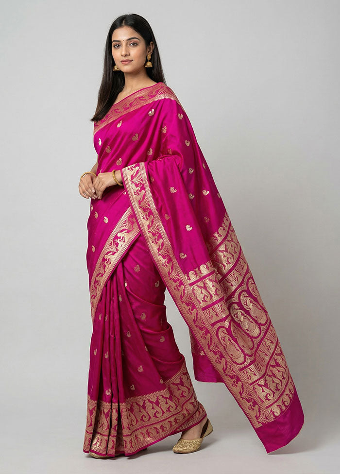 Pink Handloom Baluchari Pure Silk Saree With Blouse Piece