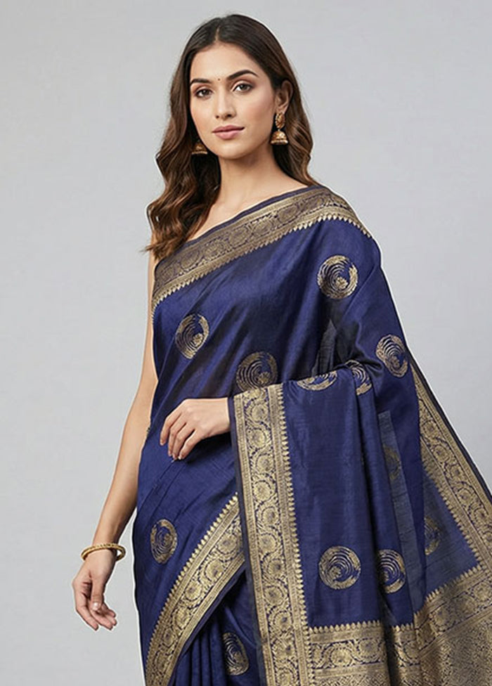 Blue Dupion Silk Saree With Blouse Piece