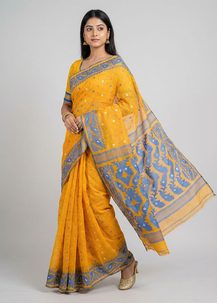 Yellow Jamdani Cotton Saree Without Blouse Piece