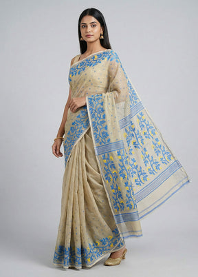 Cream Jamdani Cotton Saree Without Blouse Piece