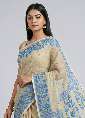 Cream Jamdani Cotton Saree Without Blouse Piece