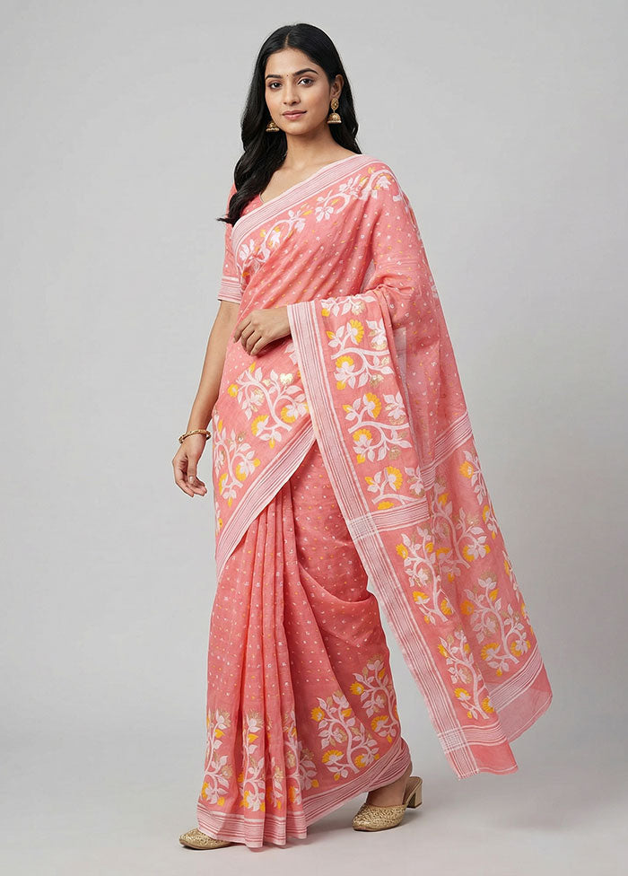 Pink Jamdani Cotton Saree Without Blouse Piece