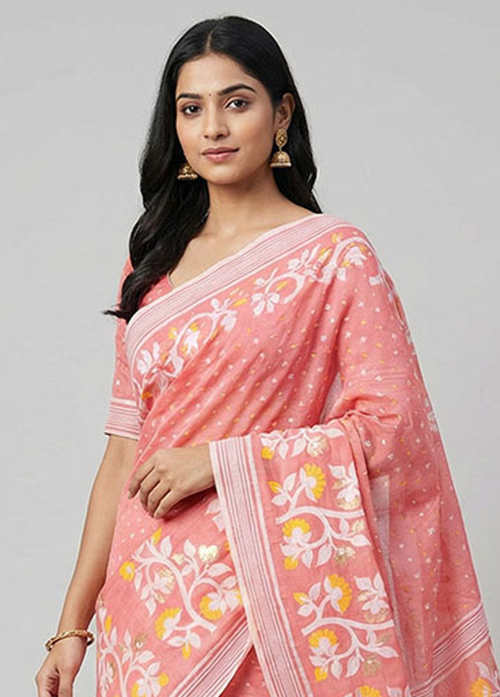 Pink Jamdani Cotton Saree Without Blouse Piece