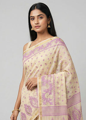 Cream Jamdani Cotton Saree Without Blouse Piece