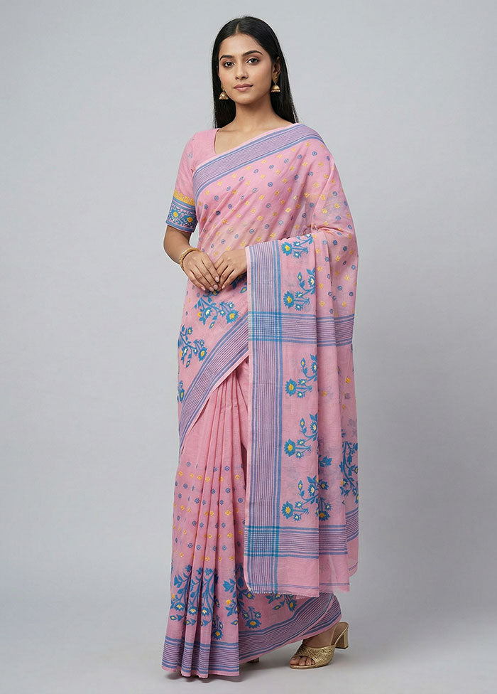 Pink Jamdani Cotton Saree Without Blouse Piece