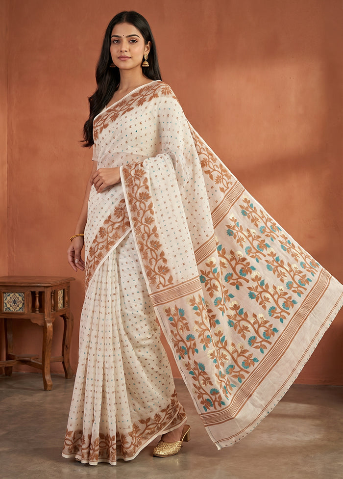 White Jamdani Cotton Saree Without Blouse Piece