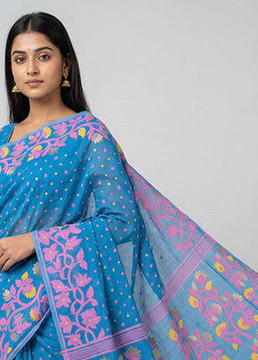 Blue Jamdani Cotton Saree Without Blouse Piece