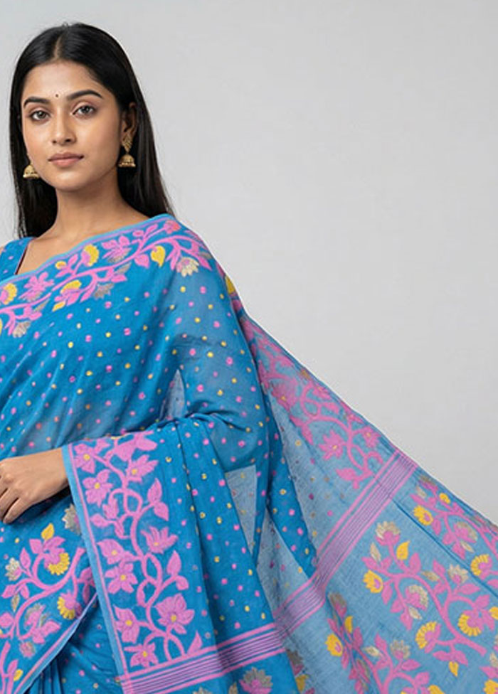 Blue Jamdani Cotton Saree Without Blouse Piece
