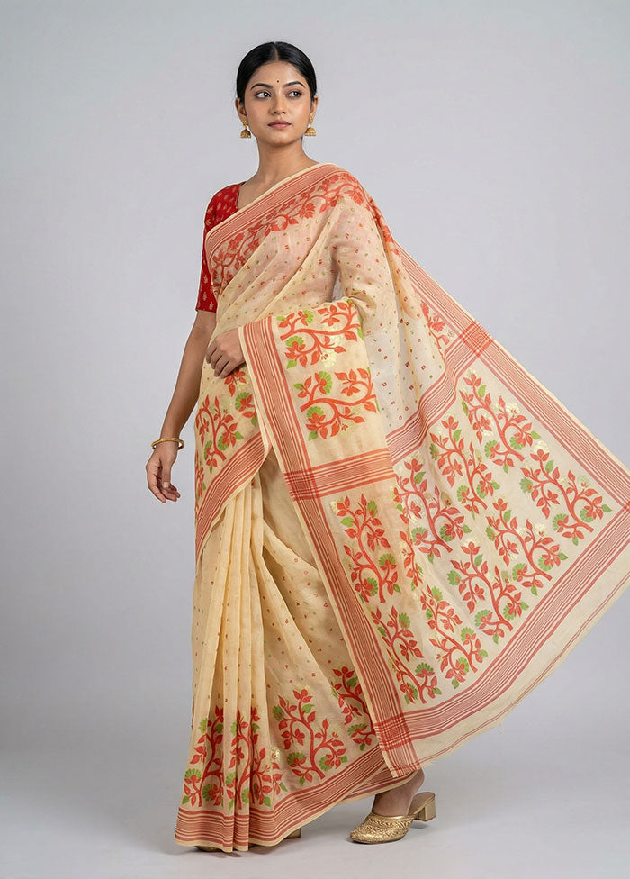 Cream Jamdani Cotton Saree Without Blouse Piece