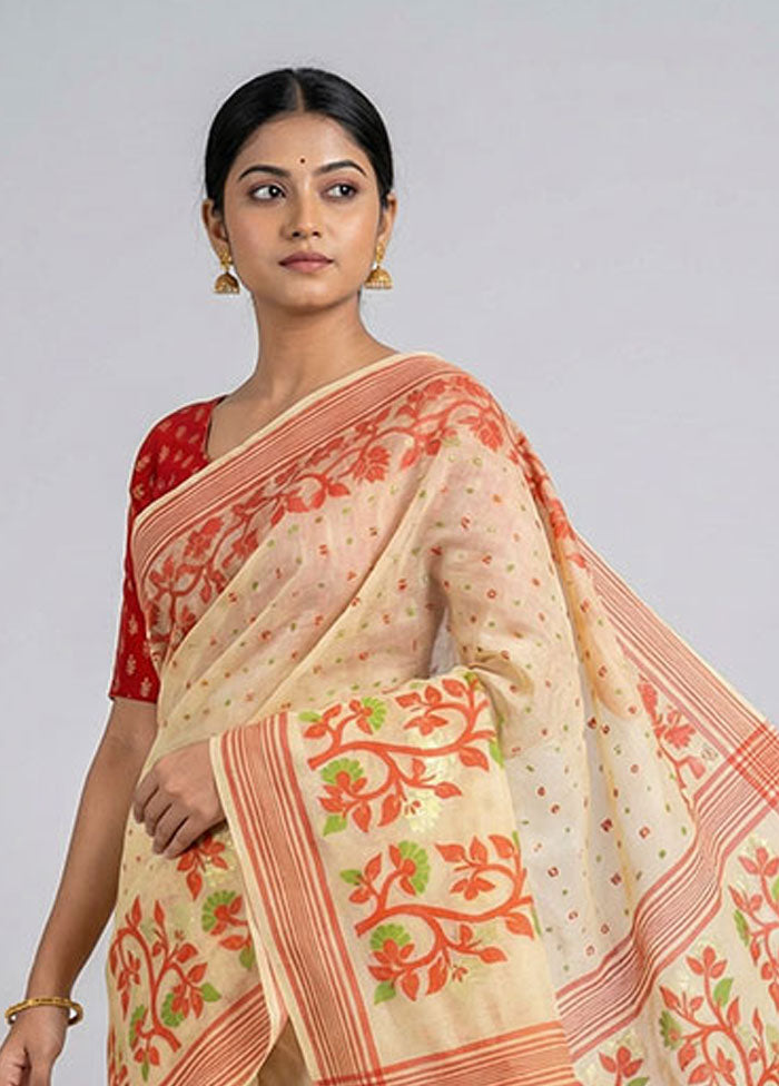 Cream Jamdani Cotton Saree Without Blouse Piece