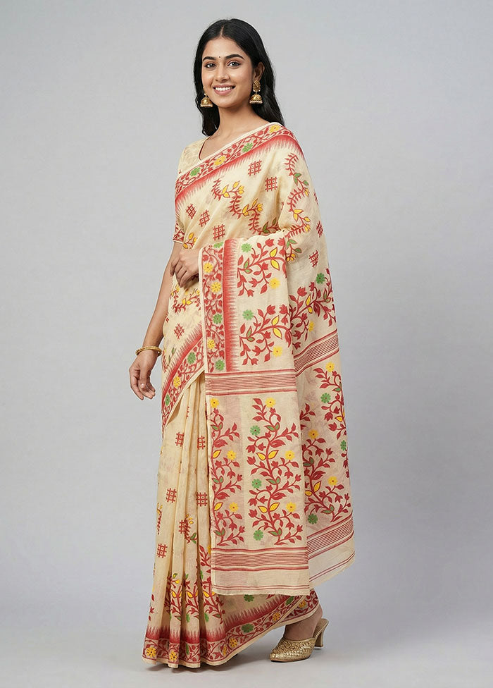 Cream Jamdani Cotton Saree Without Blouse Piece