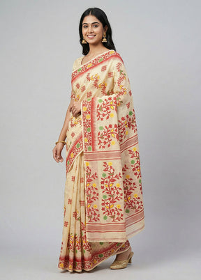 Cream Jamdani Cotton Saree Without Blouse Piece