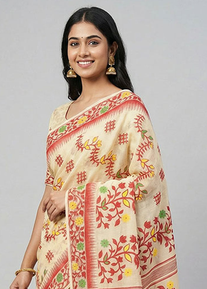 Cream Jamdani Cotton Saree Without Blouse Piece