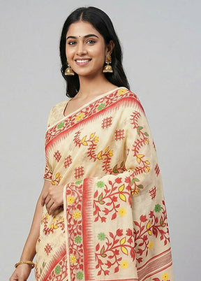 Cream Jamdani Cotton Saree Without Blouse Piece