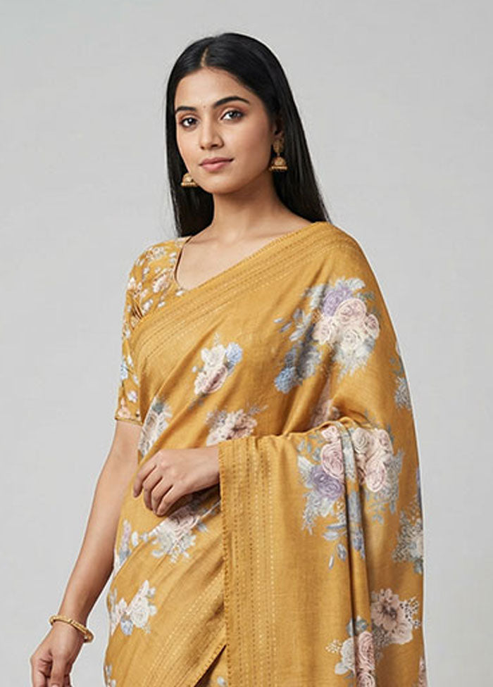 Yellow Tussar Silk Saree With Blouse Piece