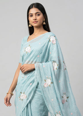 Blue Chiffon Silk Saree With Blouse Piece