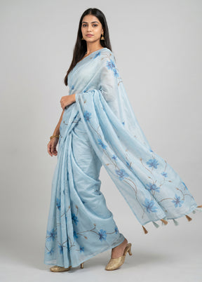 Blue Organza Saree With Blouse Piece