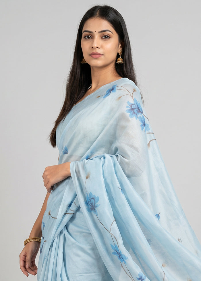 Blue Organza Saree With Blouse Piece