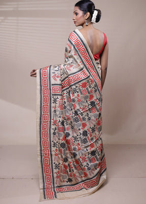 Cream Handloom Kantha Stitch Pure Silk Saree With Blouse Piece