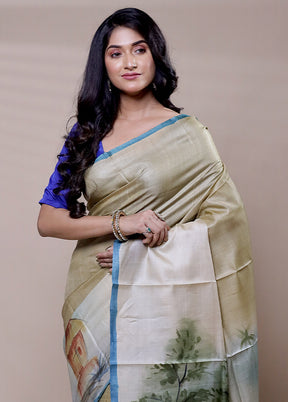 Green Handloom Tussar Pure Silk Saree With Blouse Piece